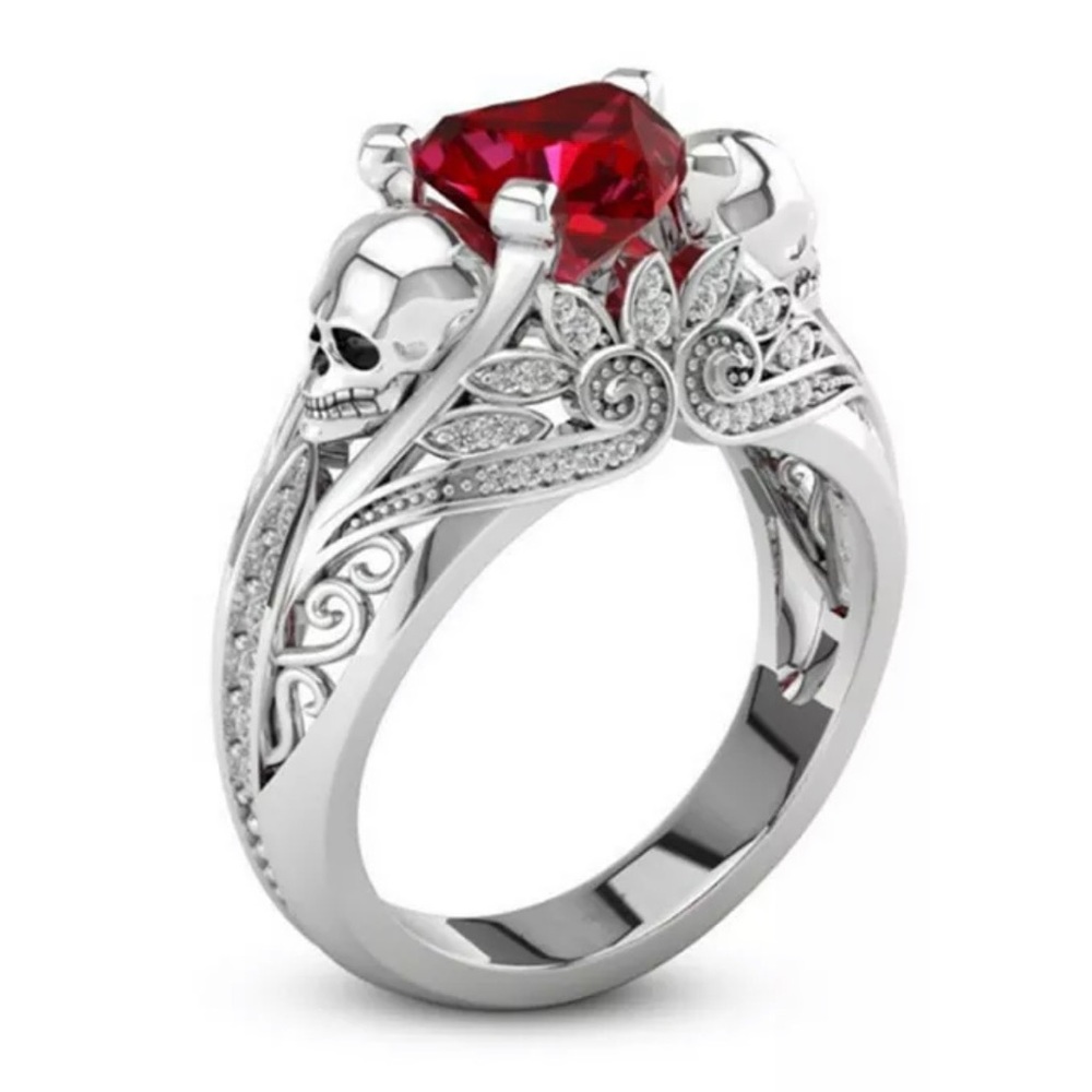 Skull & Ruby Heart Fancy Silver Ring
